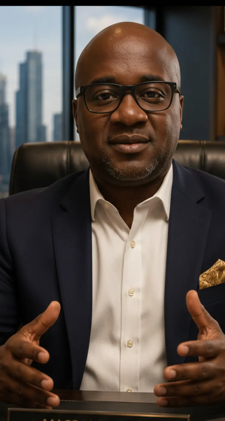 Massamba Fall, founder of Room Rental Millionaire, wearing a navy suit and glasses.