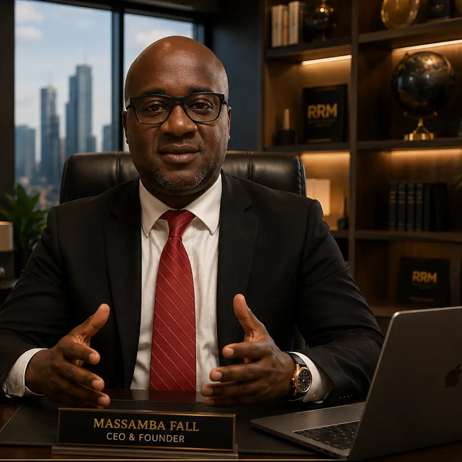 Massamba Fall, founder of Room Rental Millionaire, wearing a navy suit and glasses.
